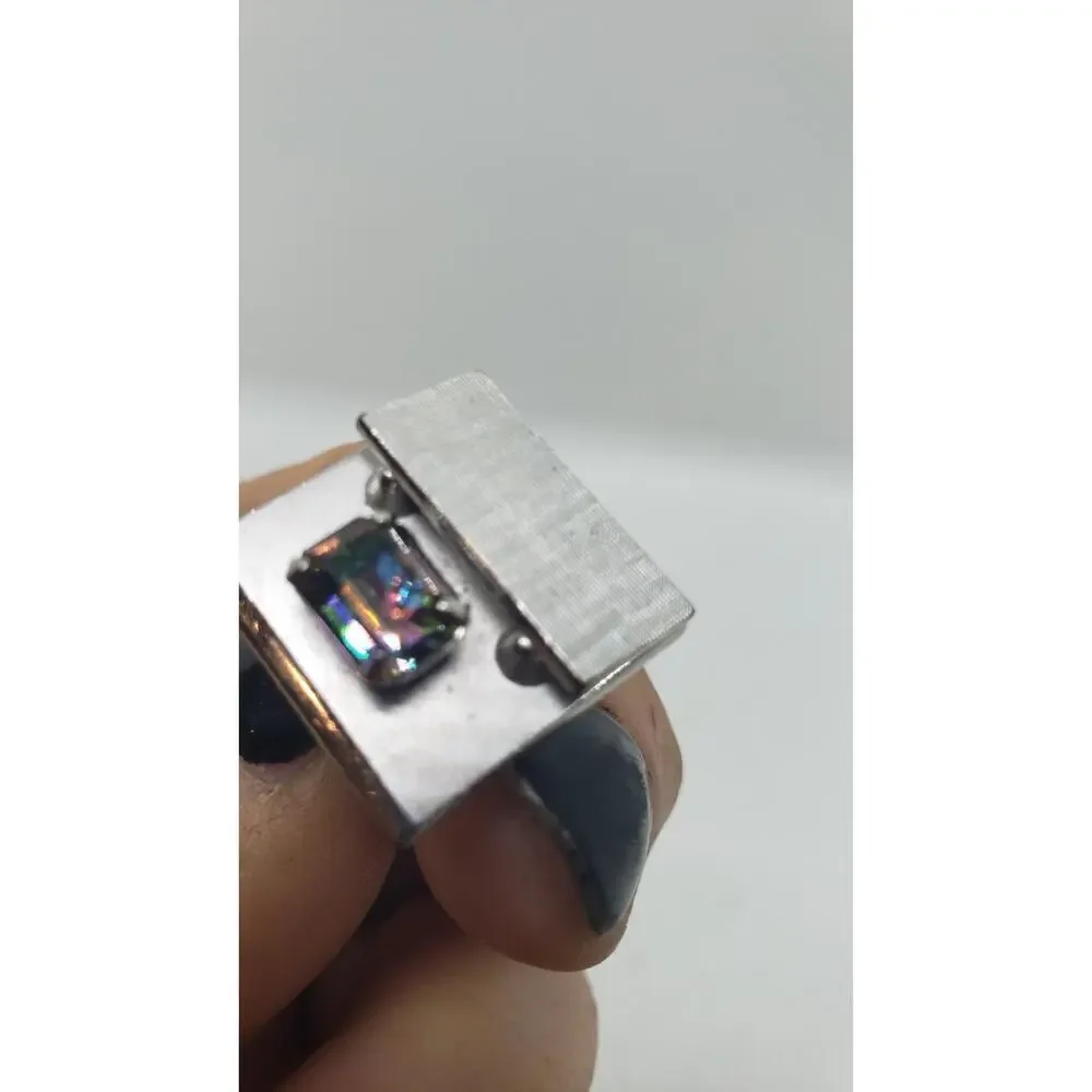 Vintage Cufflinks Swank Silver Rivoli Rainbow Rhinestone Cuff Links 1960s